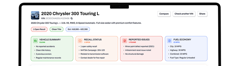 VIN report preview on laptop