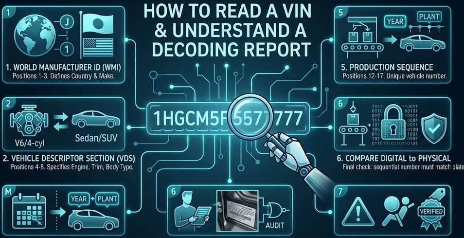 Guide to understand a VIN decoding report, showing each section explained
