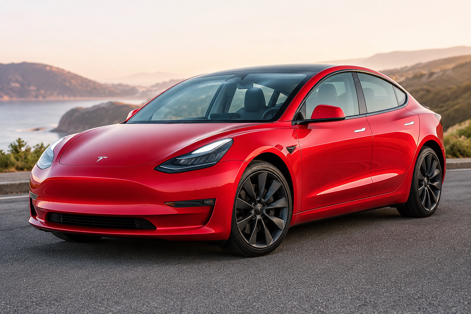 Red Tesla Model 3 parked on a scenic coastal road for Tesla VIN Decoder guide